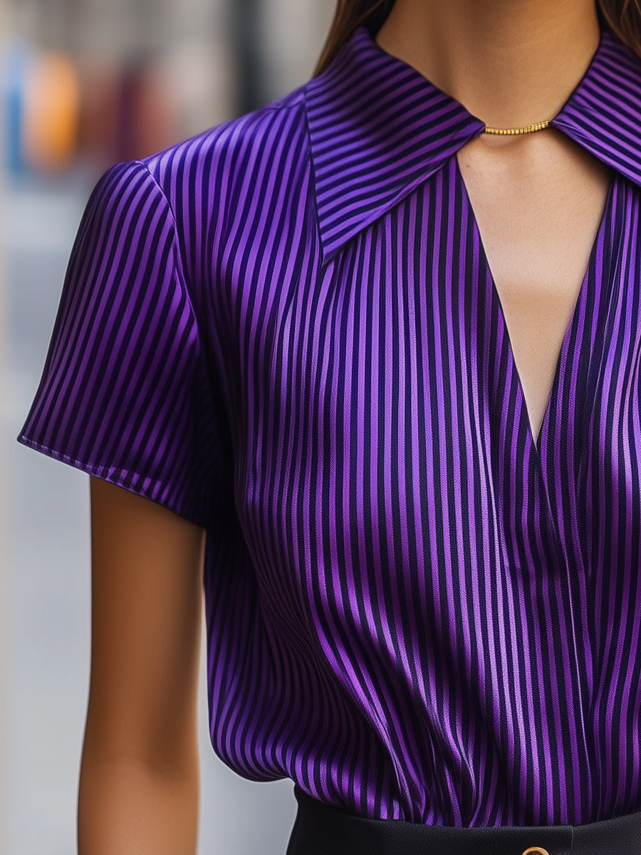Léon Varel Satin Stripe Short-Sleeve Glossy Blouse with Wide Collar