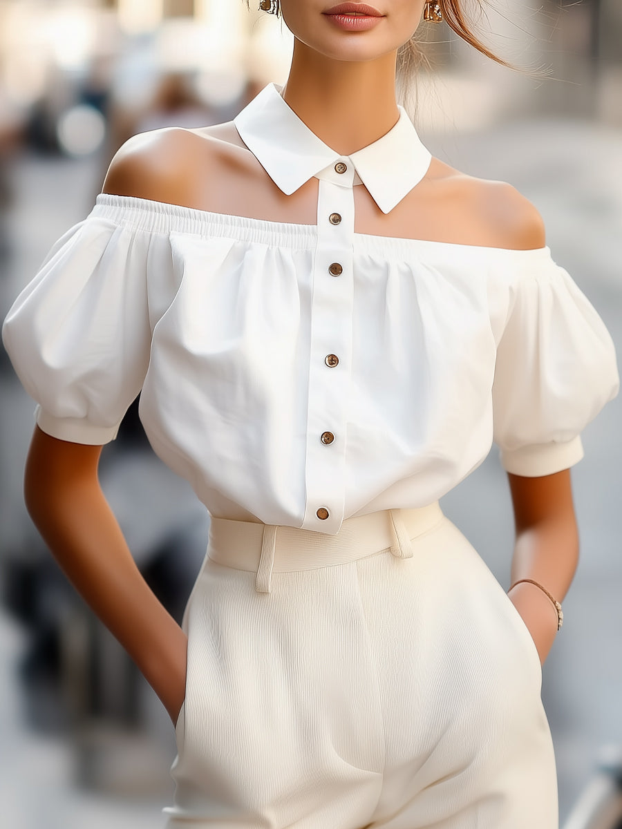 Léon Varel Chic Off-Shoulder Button-Up Blouse with Statement Collar
