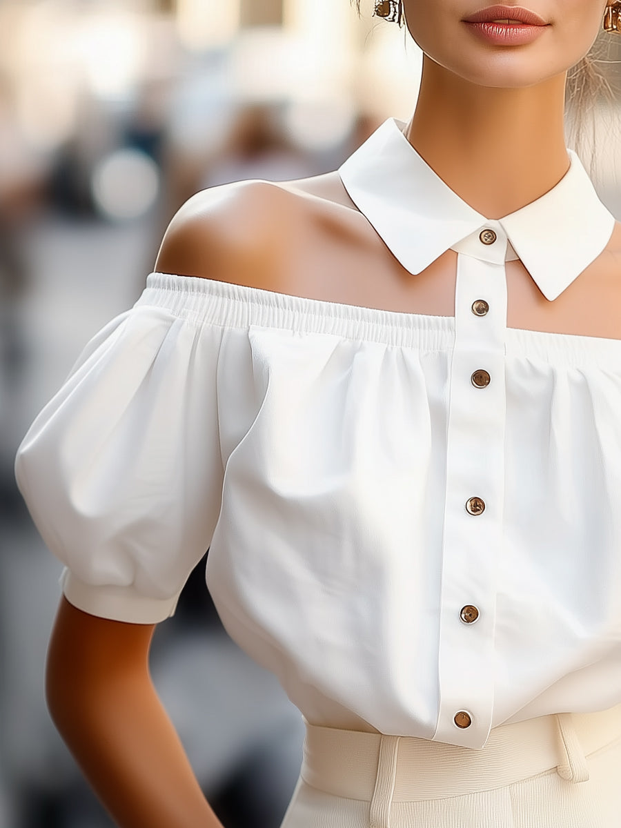 Léon Varel Chic Off-Shoulder Button-Up Blouse with Statement Collar
