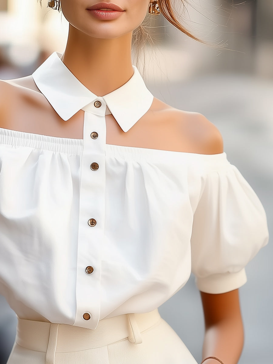 Léon Varel Chic Off-Shoulder Button-Up Blouse with Statement Collar