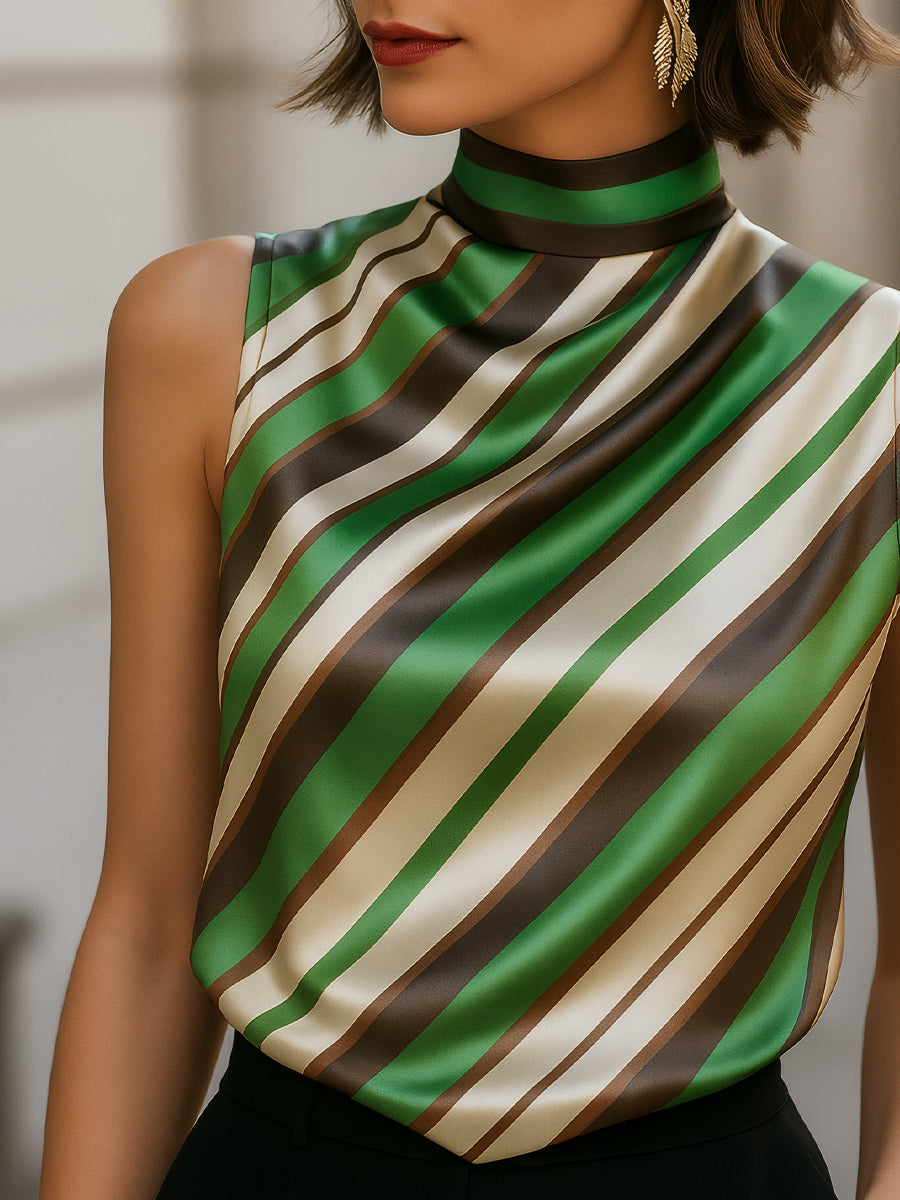 Léon Varel Striped Satin High-Neck Sleeveless Blouse