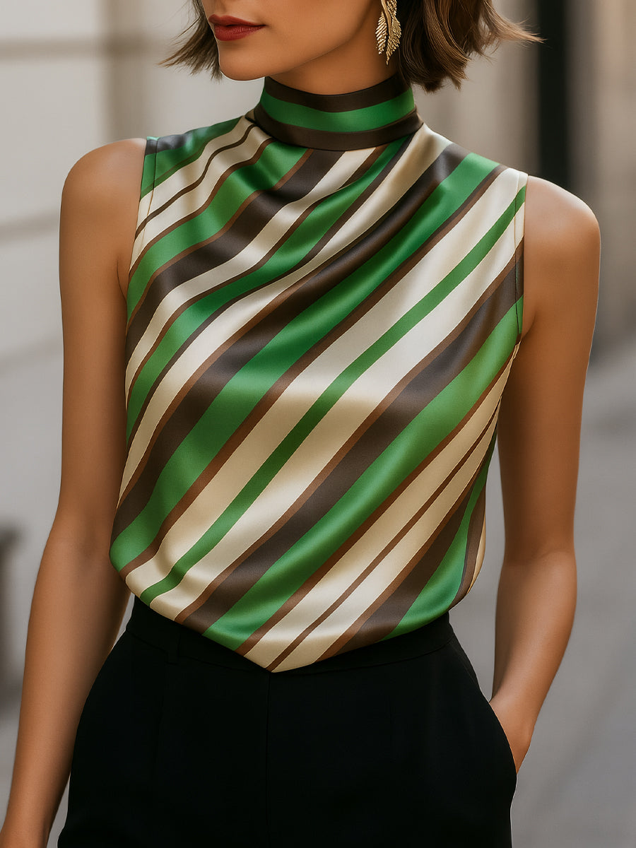 Léon Varel Striped Satin High-Neck Sleeveless Blouse