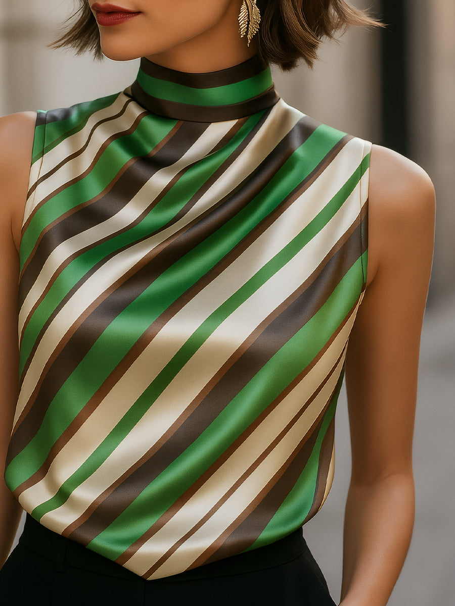 Léon Varel Striped Satin High-Neck Sleeveless Blouse