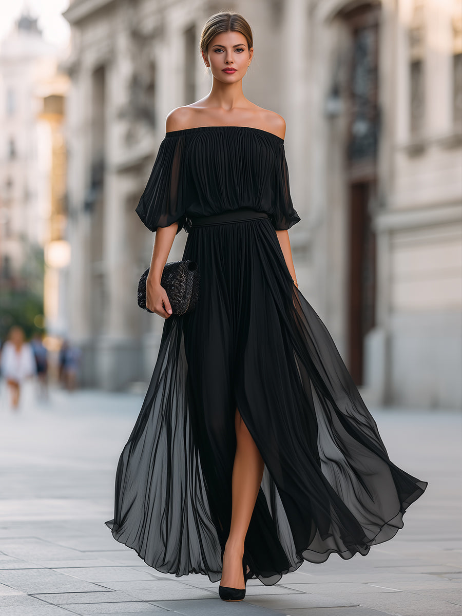 Léon Varel Off-Shoulder Pleated Chiffon Maxi Dress