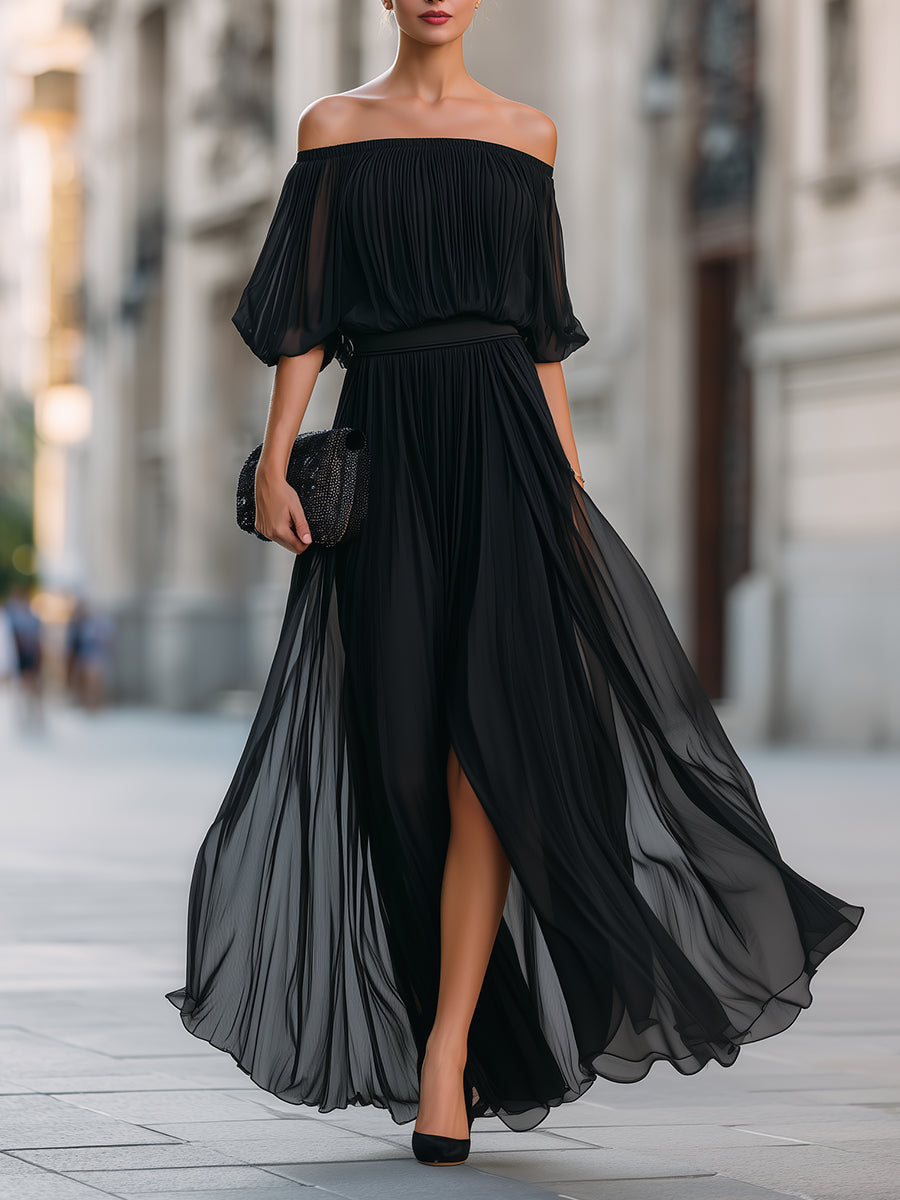 Léon Varel Off-Shoulder Pleated Chiffon Maxi Dress