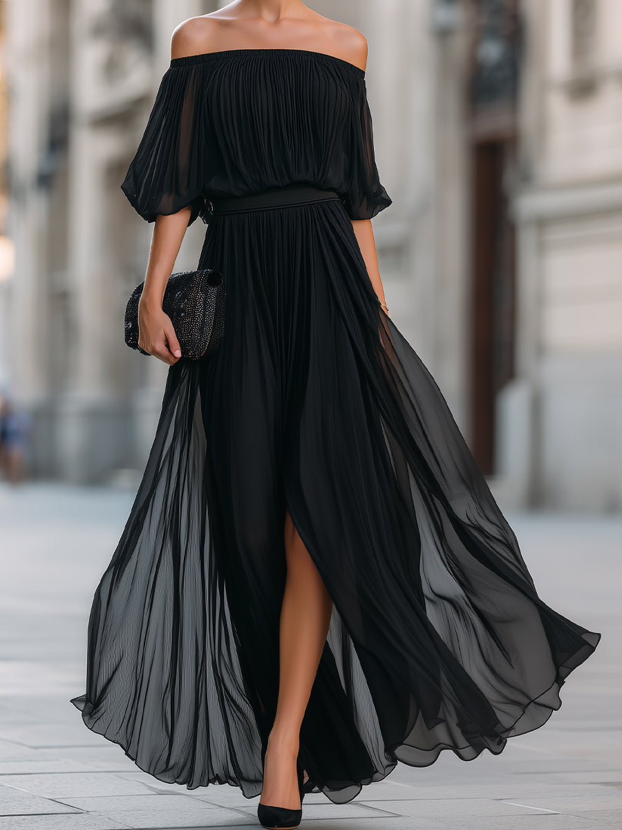 Léon Varel Off-Shoulder Pleated Chiffon Maxi Dress