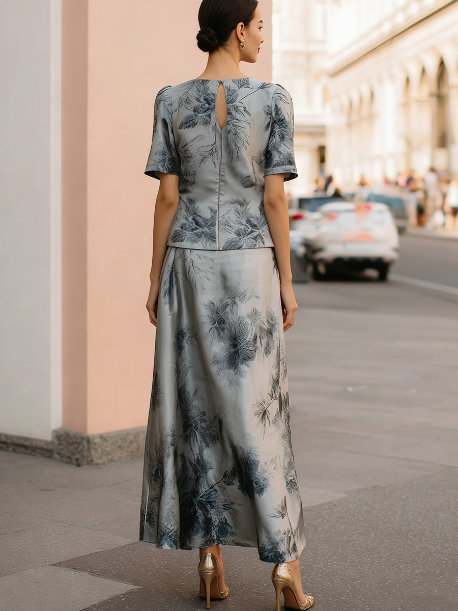 Léon Varel Ethereal Silver-Grey Floral Printed Two-Piece Maxi Set