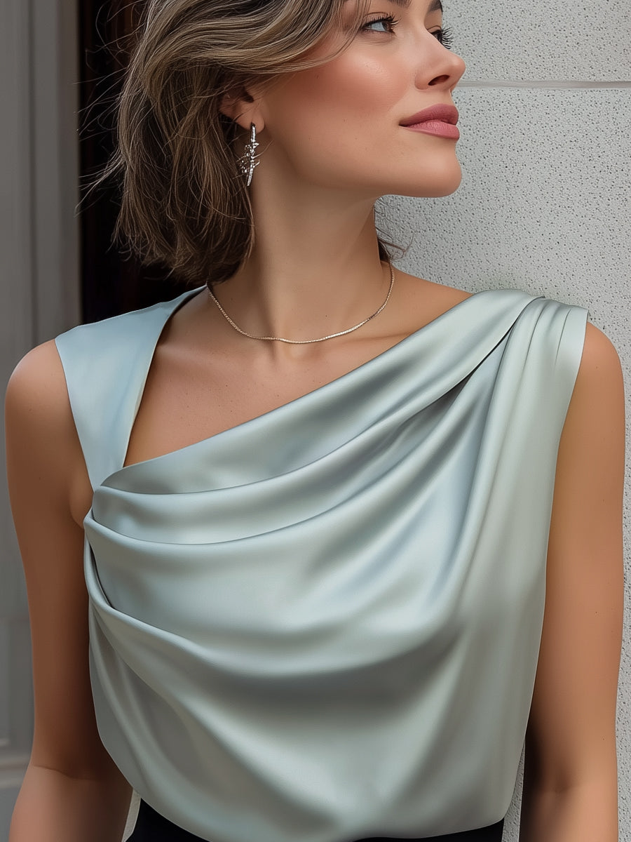 Léon Varel Elegant Sleeveless Satin Draped Neck Blouse