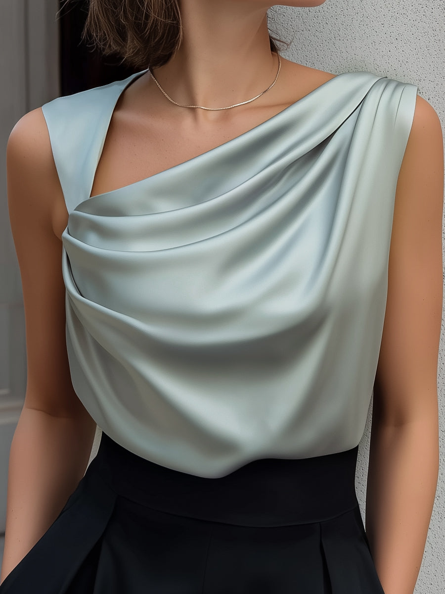 Léon Varel Elegant Sleeveless Satin Draped Neck Blouse