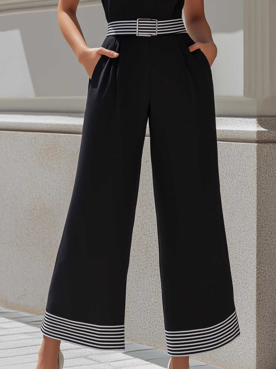 Léon Varel High-Neck Contrast Stripe Belted Wide-Leg Jumpsuit