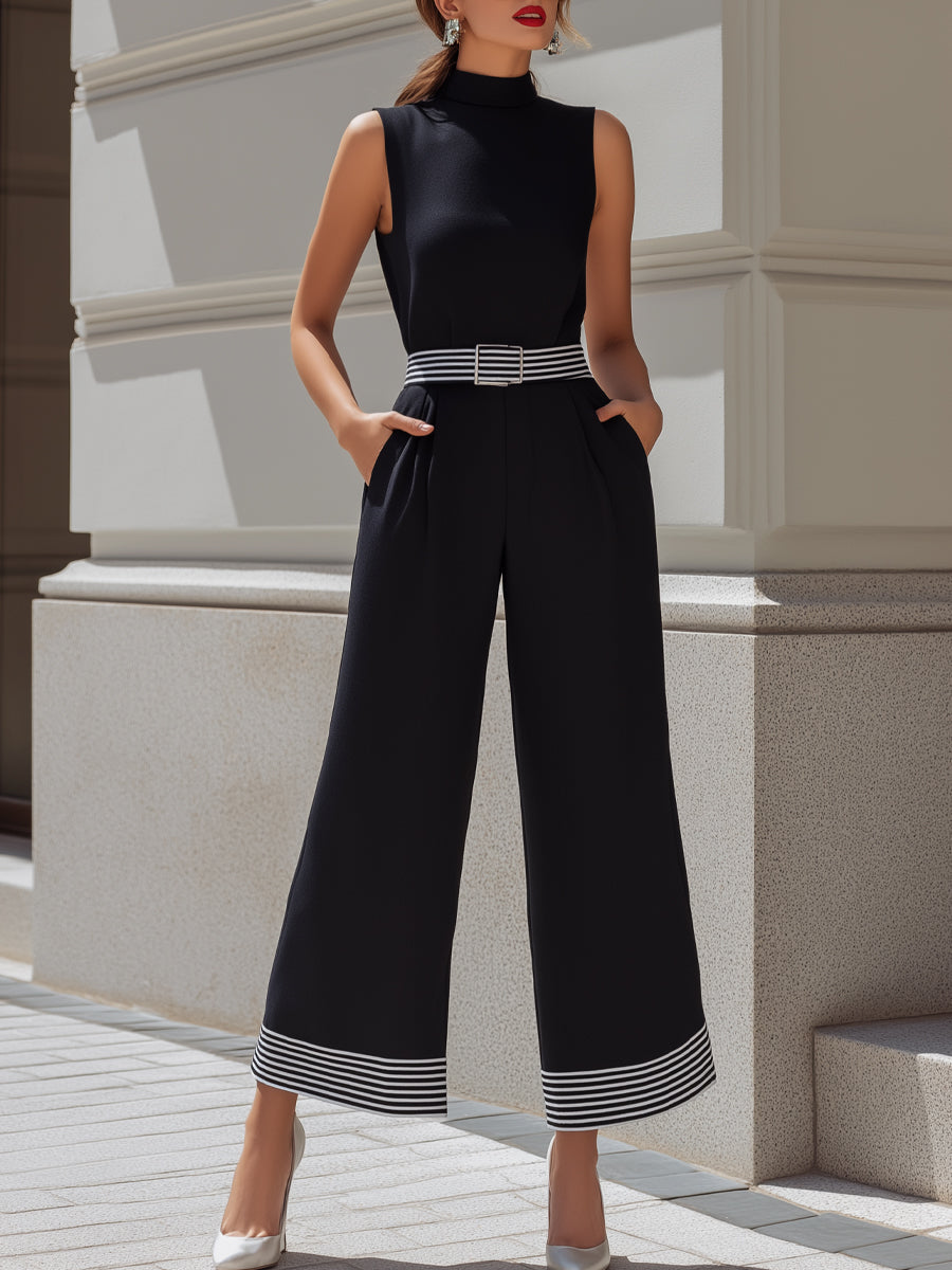 Léon Varel High-Neck Contrast Stripe Belted Wide-Leg Jumpsuit