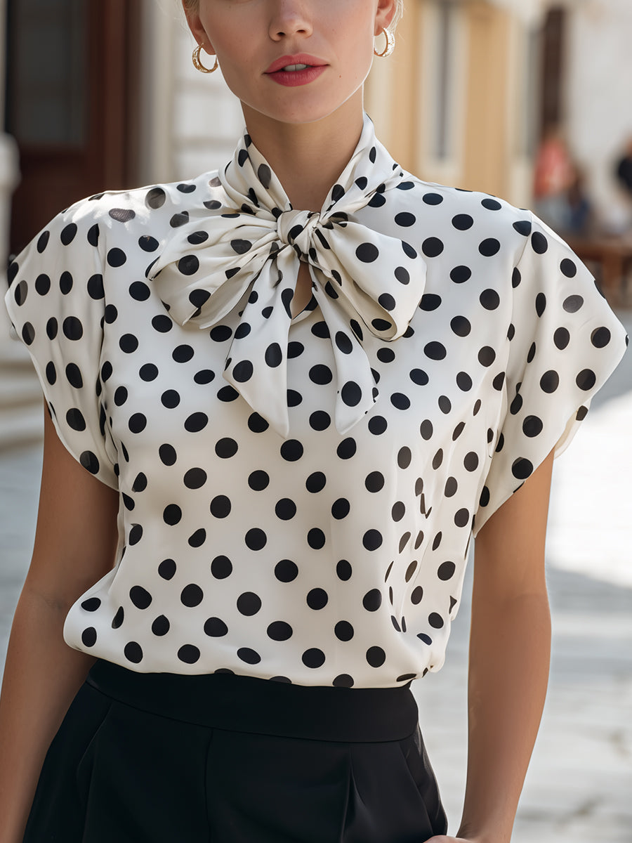 Léon Varel Satin Polka Dot Bow Tie Neck Short Sleeve Blouse