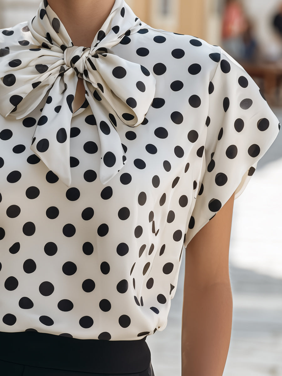 Léon Varel Satin Polka Dot Bow Tie Neck Short Sleeve Blouse