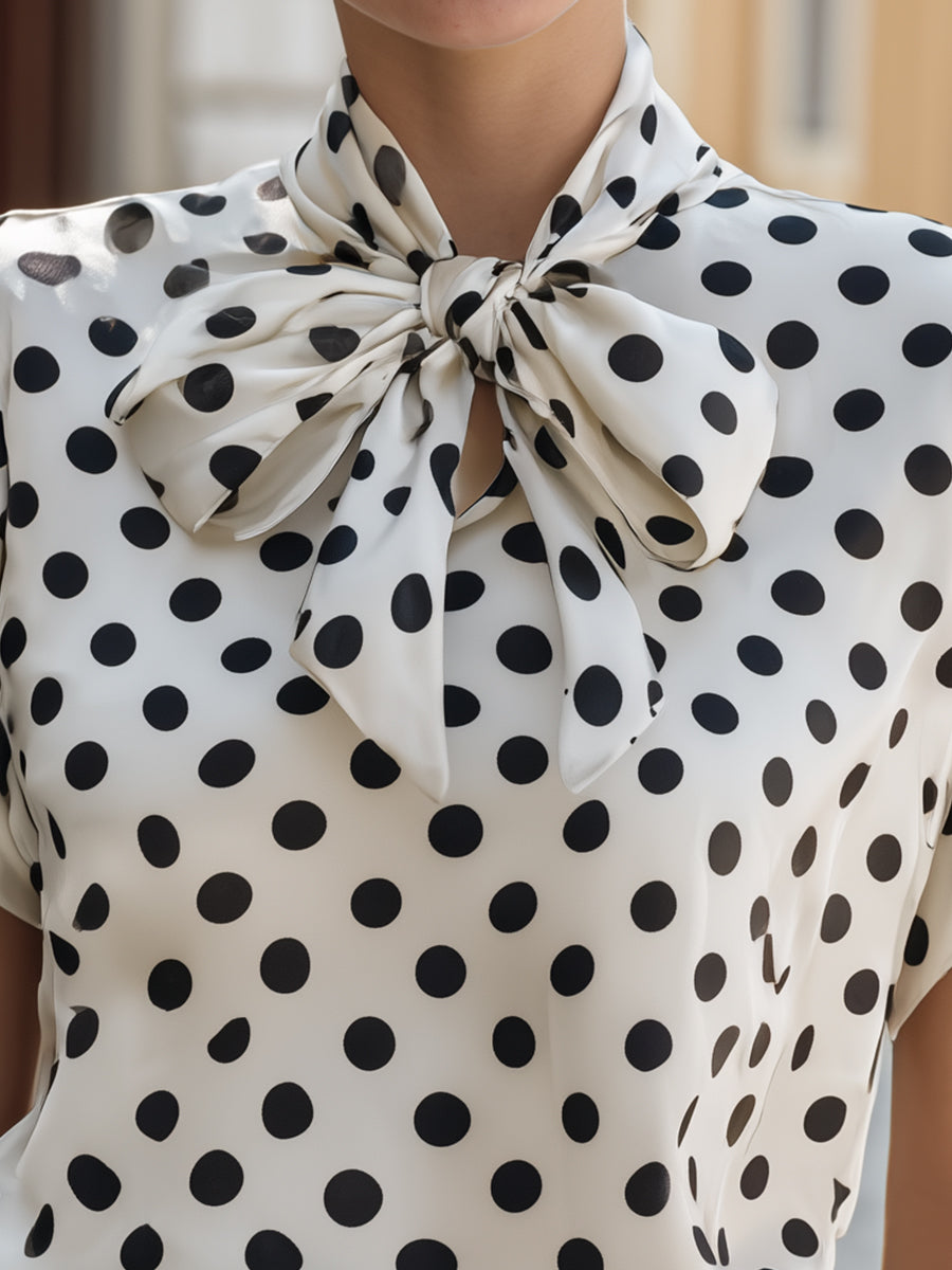 Léon Varel Satin Polka Dot Bow Tie Neck Short Sleeve Blouse