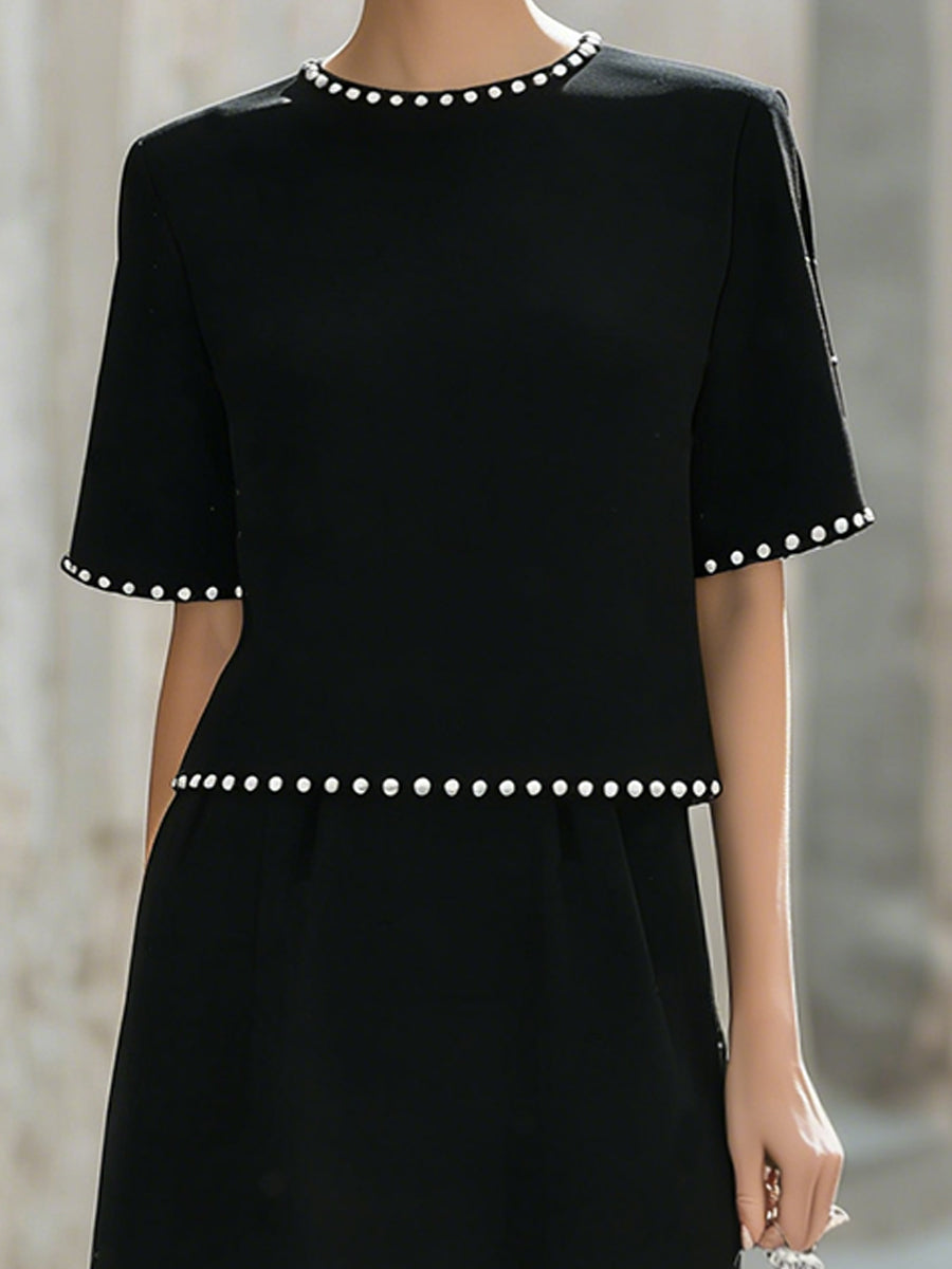 Léon Varel Elegant Pearl-Trimmed Two-Piece Midi Skirt Set