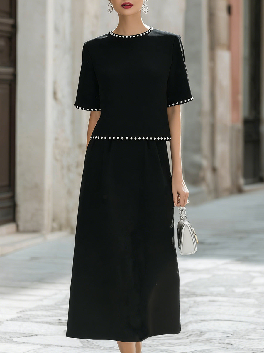 Léon Varel Elegant Pearl-Trimmed Two-Piece Midi Skirt Set