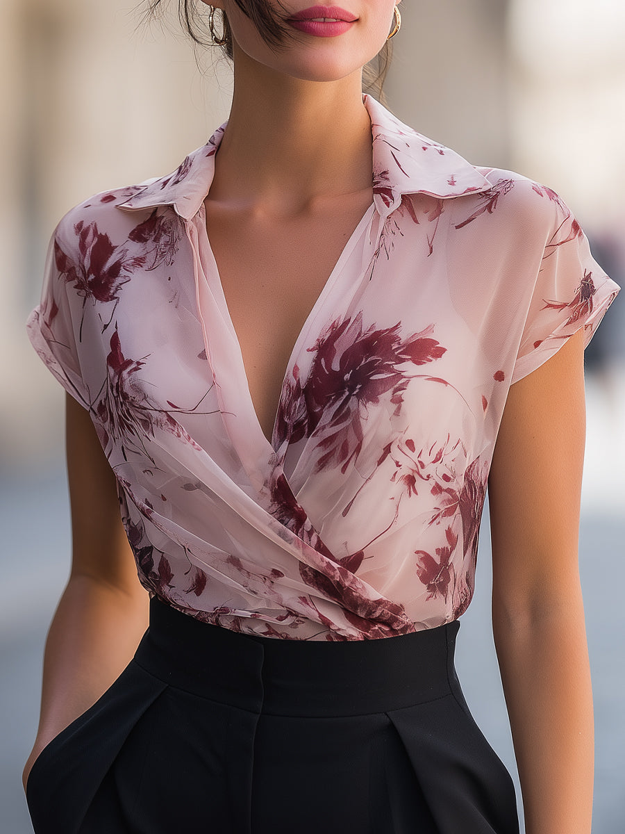 Léon Varel Floral Print Draped Wrap Collar Short Sleeve Blouse