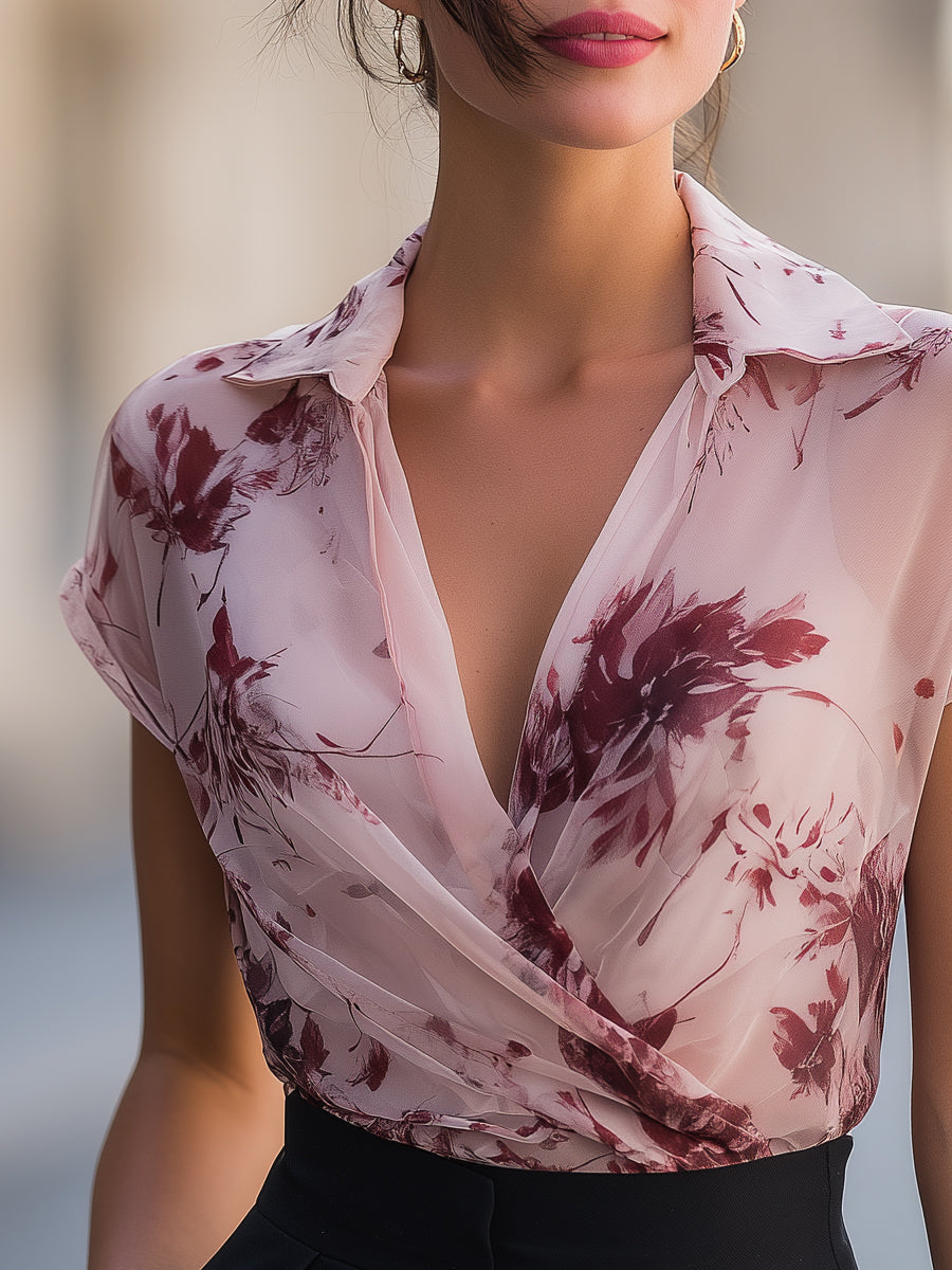 Léon Varel Floral Print Draped Wrap Collar Short Sleeve Blouse