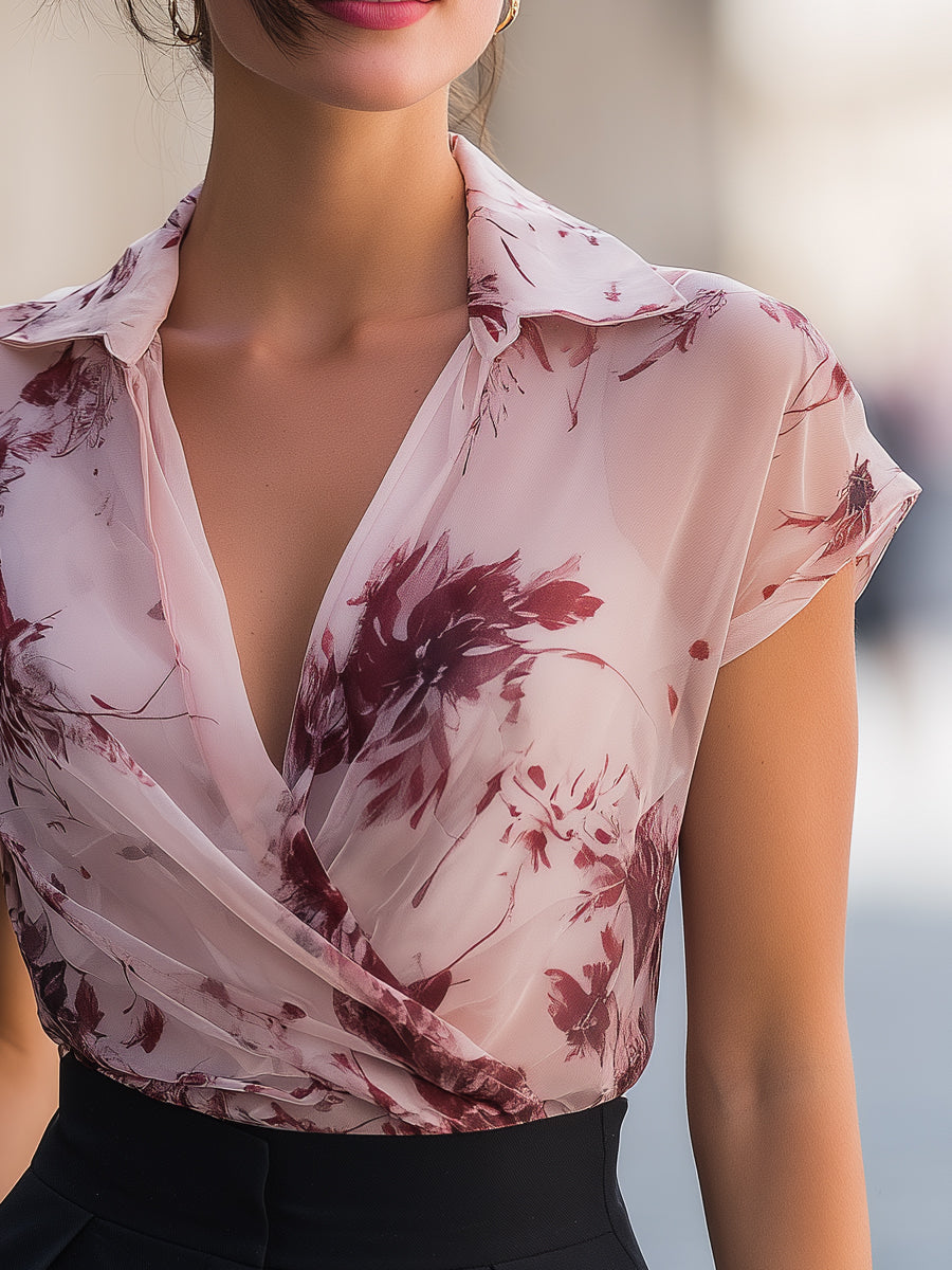 Léon Varel Floral Print Draped Wrap Collar Short Sleeve Blouse