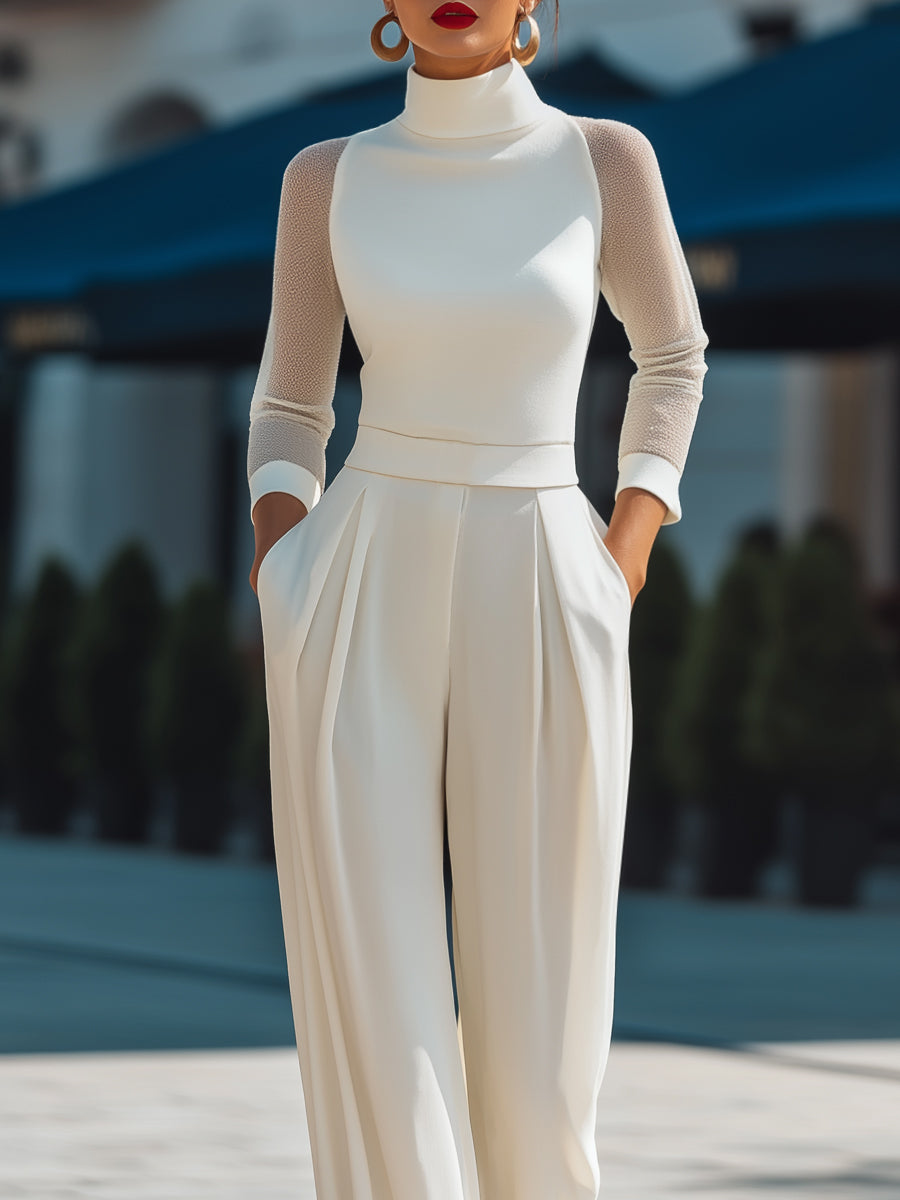 Léon Varel High Neck Sheer Sleeve Tailored Wide-Leg Jumpsuit