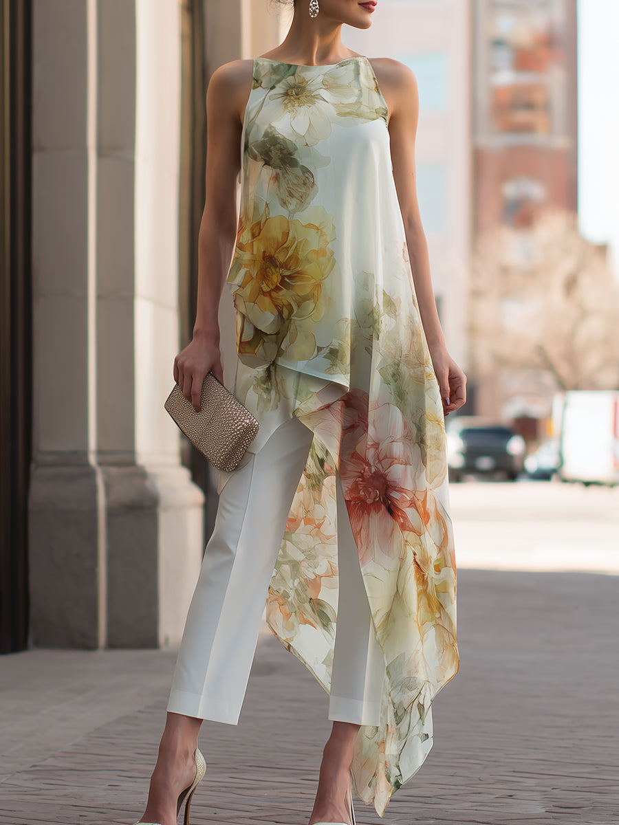 Léon Varel Sheer Floral Asymmetric Overlay Top & Tailored Pants Set