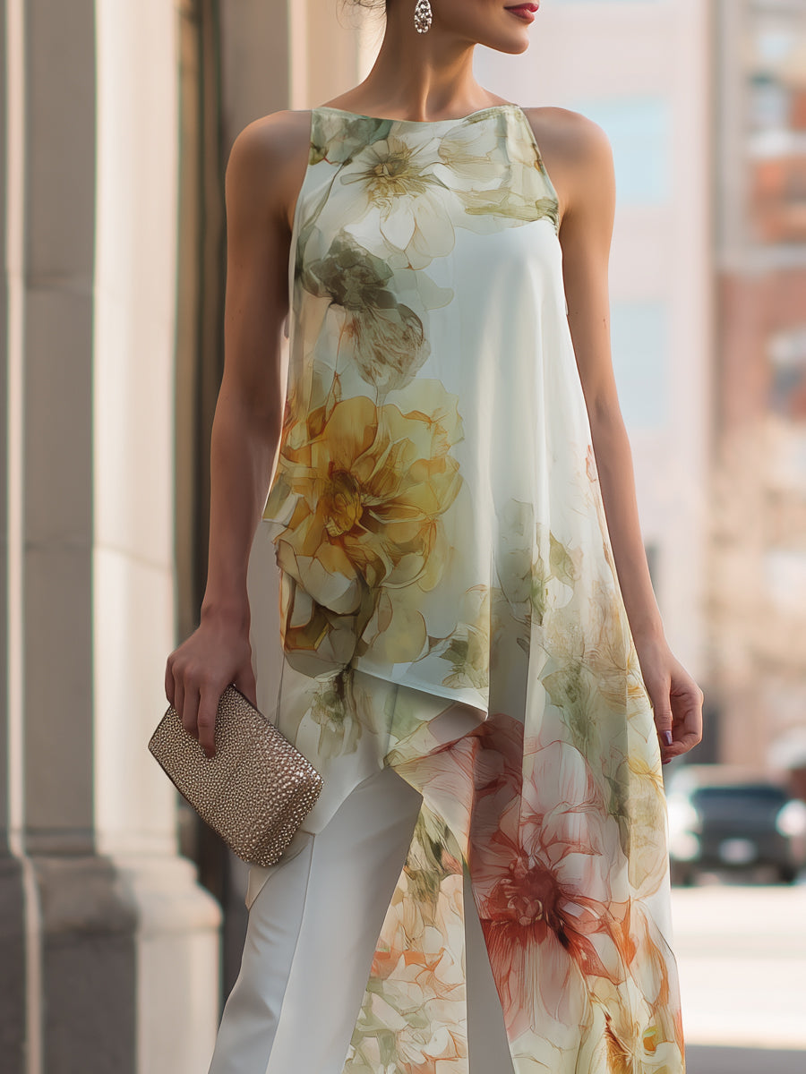 Léon Varel Sheer Floral Asymmetric Overlay Top & Tailored Pants Set