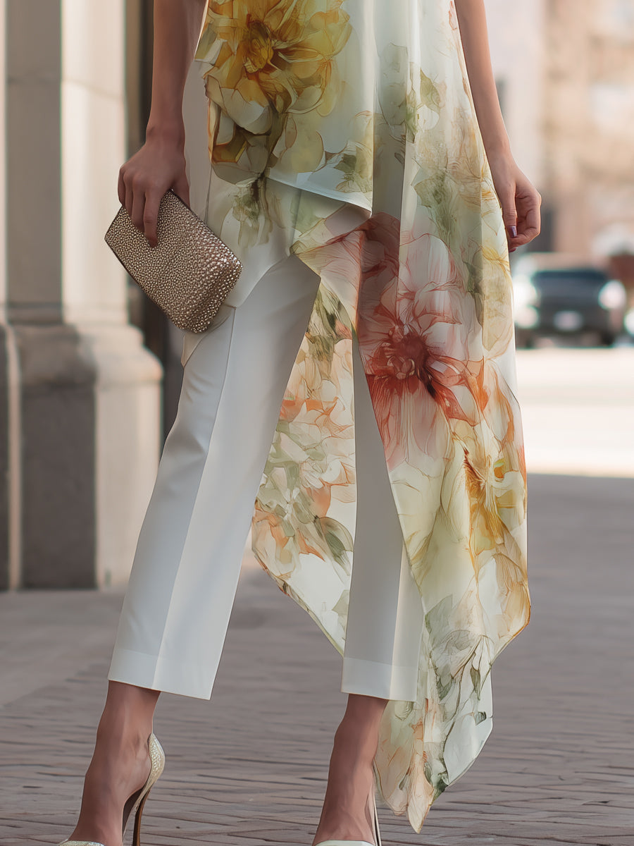 Léon Varel Sheer Floral Asymmetric Overlay Top & Tailored Pants Set