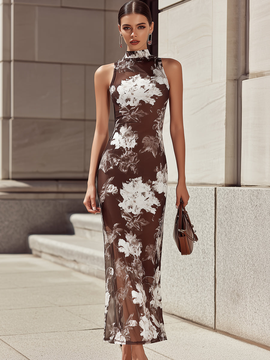 Léon Varel Elegant Brown White Ink Floral Print Mesh Sleeveless Maxi Dress