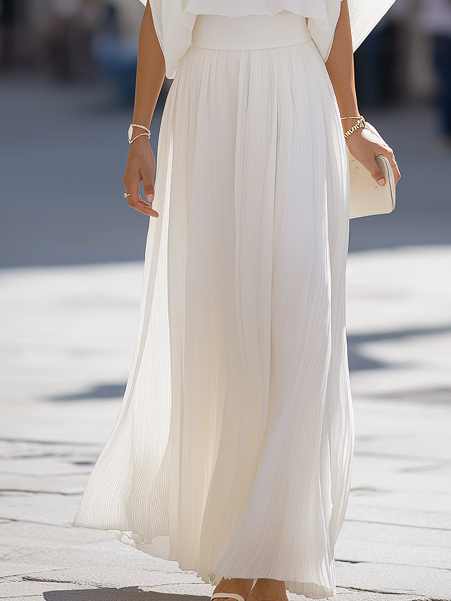 Léon Varel Pleated Shawl-Sleeve High-Waisted Flowy Maxi Dress Set