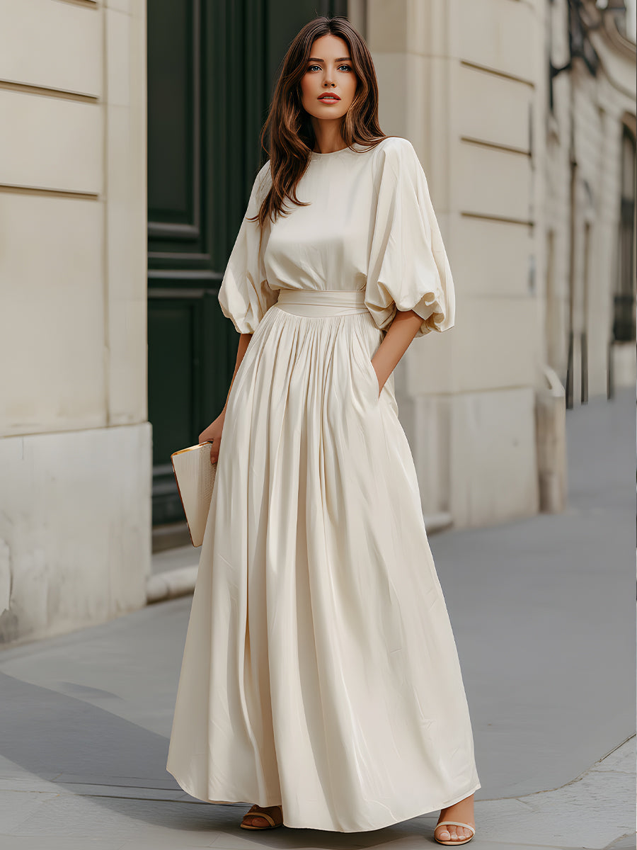 Léon Varel Round Neck Puff Sleeve Gathered Waist Maxi Dress