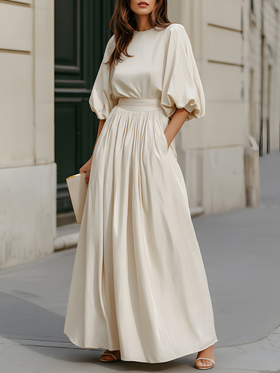 Léon Varel Round Neck Puff Sleeve Gathered Waist Maxi Dress