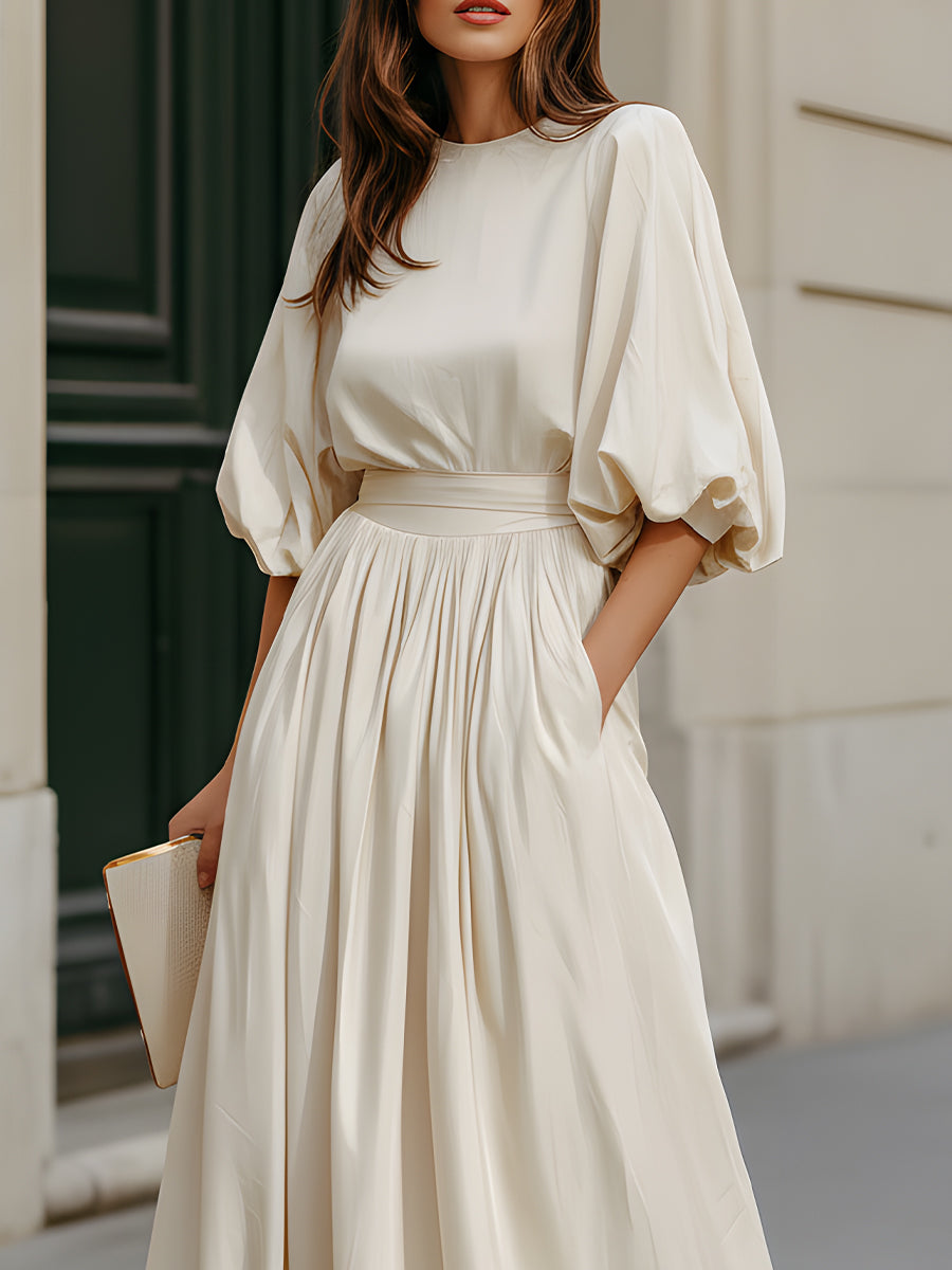 Léon Varel Round Neck Puff Sleeve Gathered Waist Maxi Dress