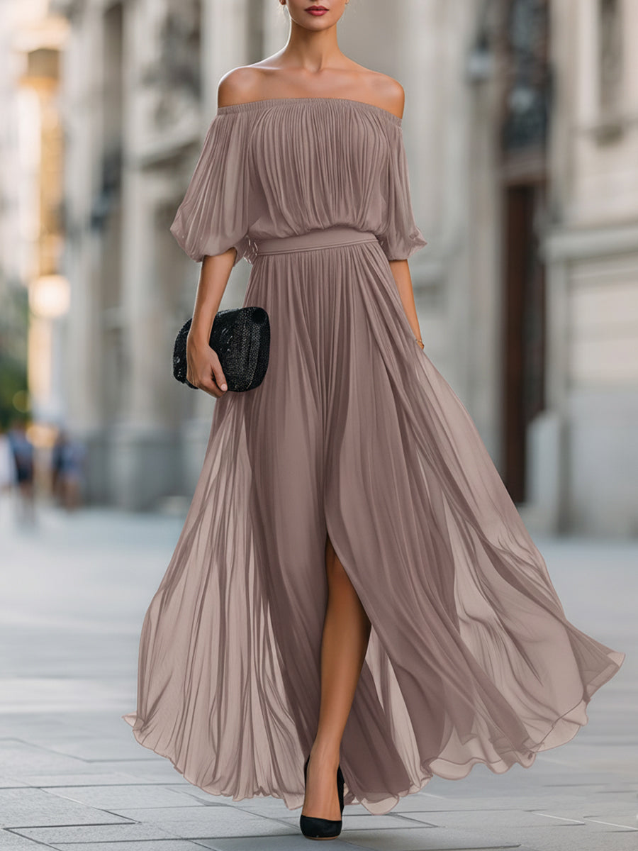 Léon Varel Off-Shoulder Pleated Chiffon Maxi Dress