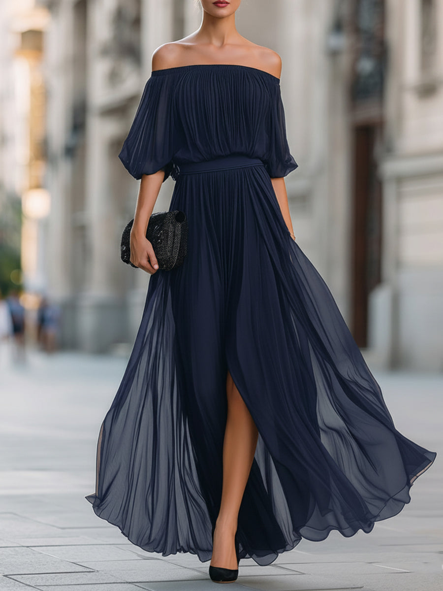 Léon Varel Off-Shoulder Pleated Chiffon Maxi Dress
