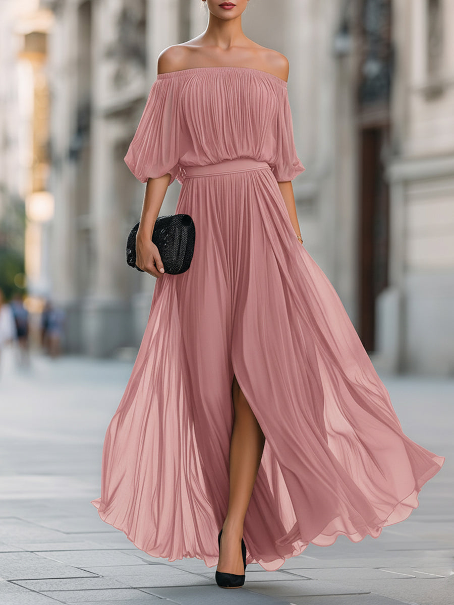 Léon Varel Off-Shoulder Pleated Chiffon Maxi Dress