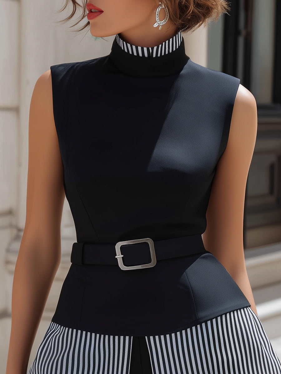 Léon Varel Contrast Stripe High-Neck Belted Structured Top