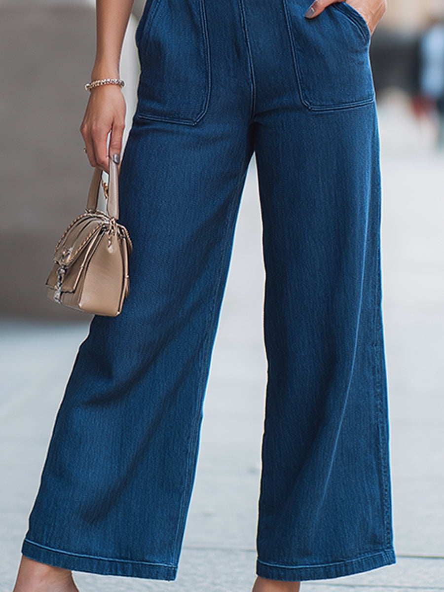 Léon Varel Bow Detail V-Neck Short Sleeve Wide-Leg Denim Jumpsuit