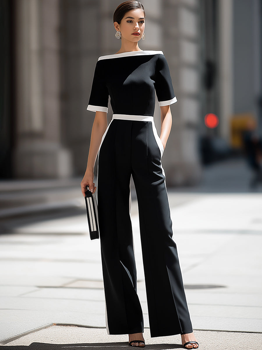 Léon Varel Off-Shoulder Contrast Trim Tailored Wide-Leg Jumpsuit