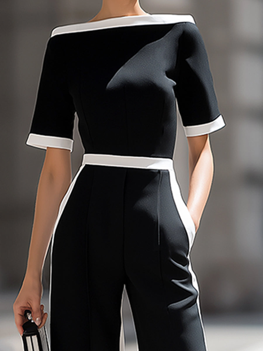 Léon Varel Off-Shoulder Contrast Trim Tailored Wide-Leg Jumpsuit