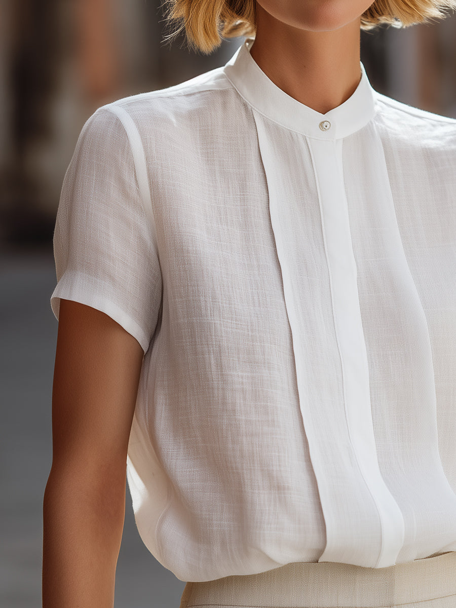 Léon Varel Structured Short Sleeve Stand Collar Blouse With Pleated Front Panel