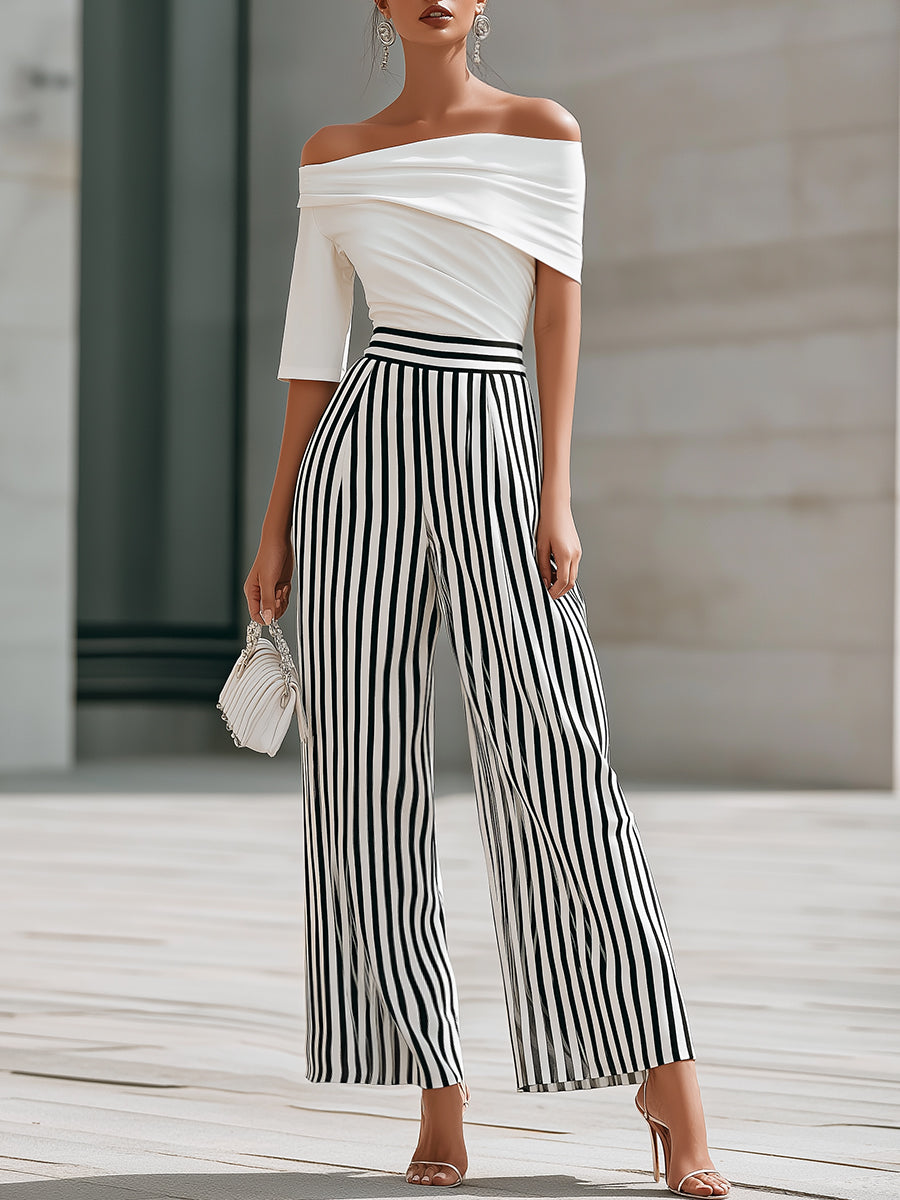 Léon Varel Off-Shoulder Draped Top And Striped Wide-Leg Pants Set