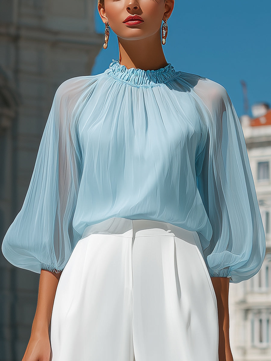 Léon Varel Sheer Pleated High-Neck Blouson Sleeve Blouse