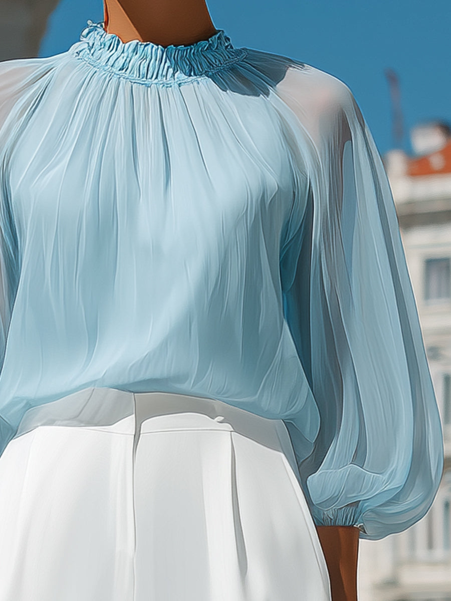 Léon Varel Sheer Pleated High-Neck Blouson Sleeve Blouse