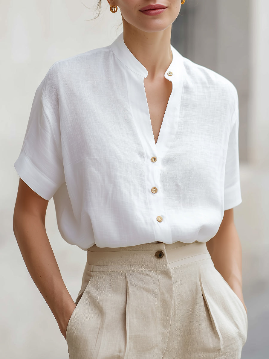 Léon Varel White Linen-Blend Stand Collar Short-Sleeve Blouse