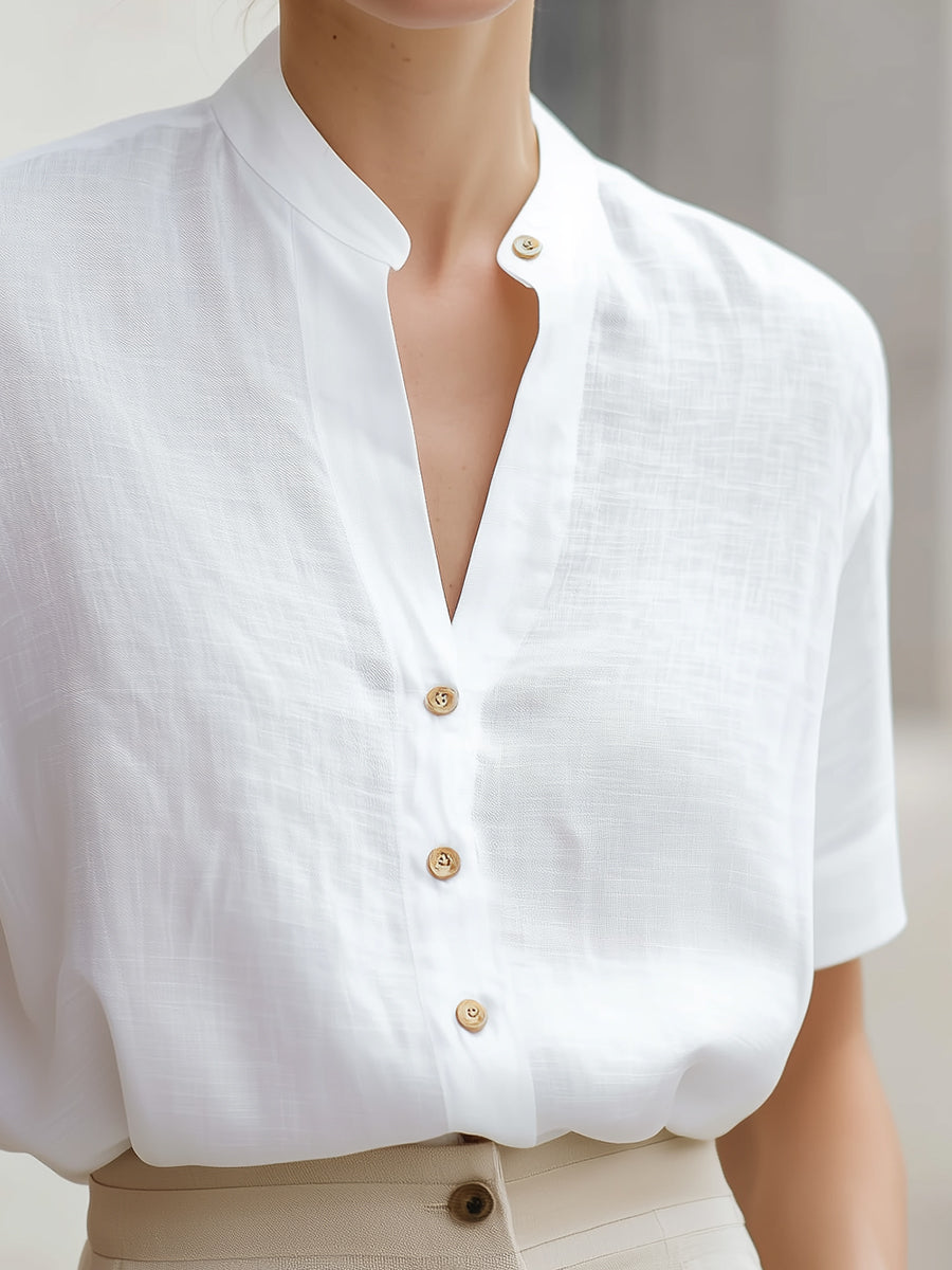 Léon Varel White Linen-Blend Stand Collar Short-Sleeve Blouse
