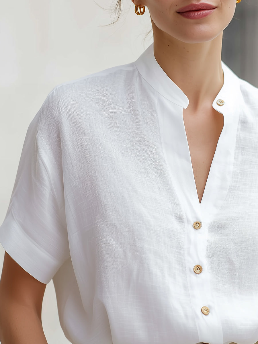 Léon Varel White Linen-Blend Stand Collar Short-Sleeve Blouse