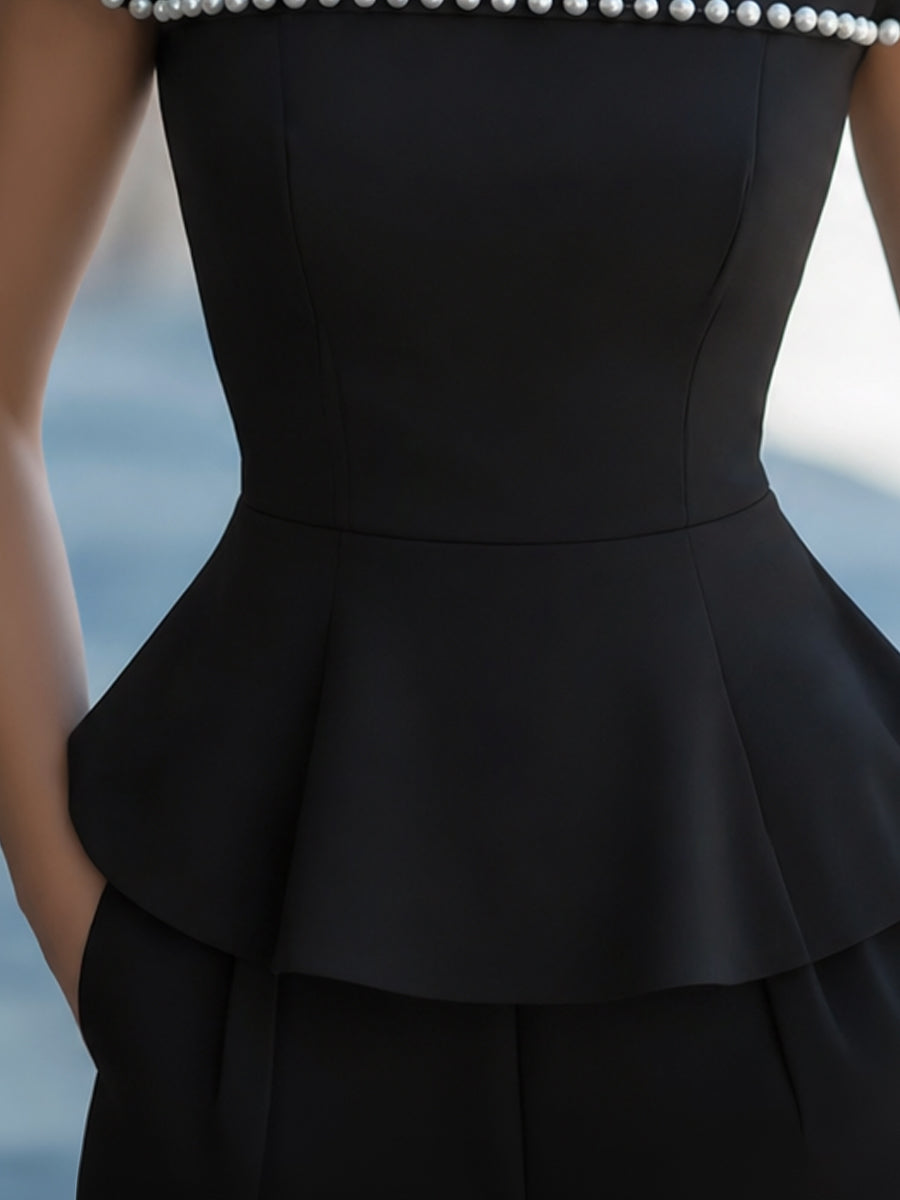 Léon Varel Pearl-Trim Short-Sleeve Structured Peplum Top