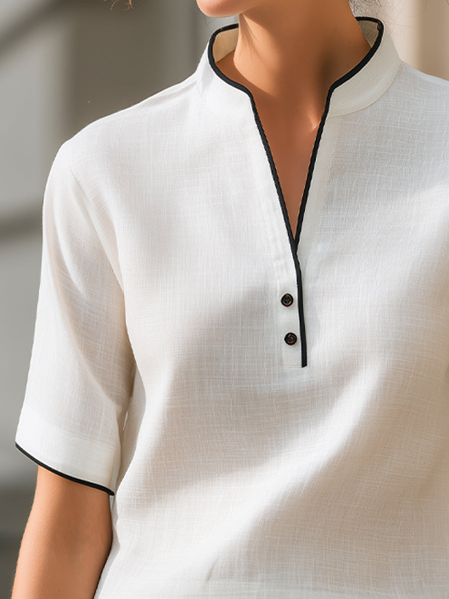 Léon Varel Contrast Trim Notch Collar Short Sleeve Blouse With Minimal Button Placket