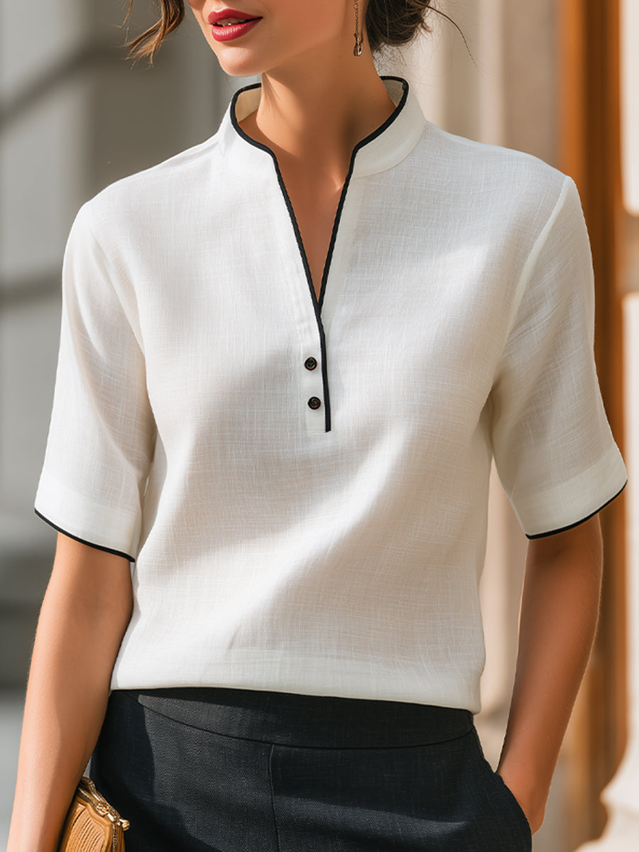 Léon Varel Contrast Trim Notch Collar Short Sleeve Blouse With Minimal Button Placket
