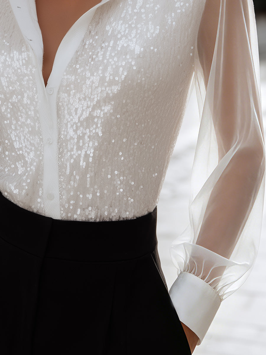 Léon Varel Sequin Embellished Sheer Sleeve Button-Front Blouse